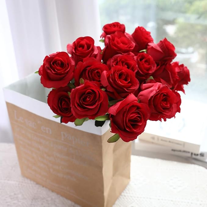8PCS Artificial Silk Roses in Bulk & Bouquet Long Stem – Realistic Fake Roses for Wedding Centerpieces, Home Decor, Floral Arrangements, Party Decoration (Red)