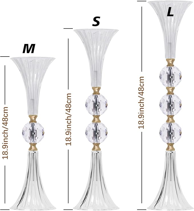 VIJIV Crystal Acrylic Trumpet Vase for Wedding Centerpieces & Home Decor - 24.8" Clear Flower Stand with Ribbed Texture, Gold Accents, Table/Floor Vase for Events, Bridal Showers & Boho Weddings