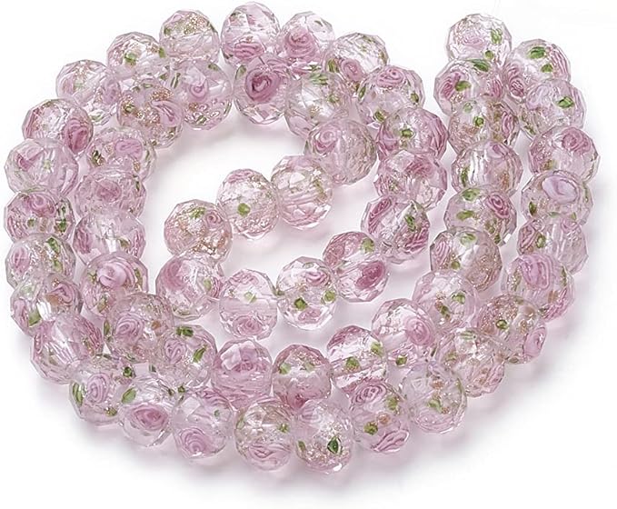 PH PandaHall 60pcs 8~10mm Pink Rose Lampwork Beads Gold Sand Glass Beads Flower Glass Beads 1.5~2mm Hole Floral Handmade Lampwork Beads Round Loose Beads for Rosary Making Jewelry Craft Making