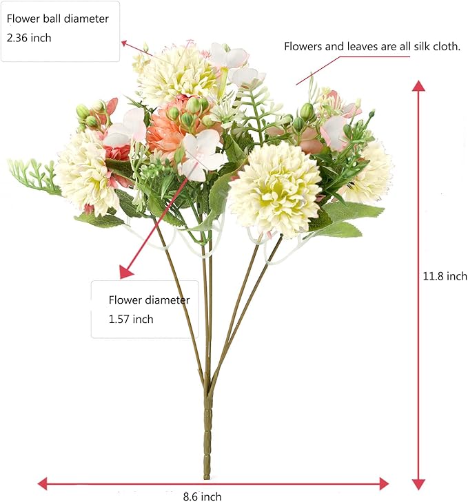 Artificial Ball Chrysanthemum Flowers, Artificial Fake Silk Flowers Plants, DIY Garden Craft Art Decor, Decorations Plastic Floral Table Centerpieces for Home Party Décor, 2 Beams