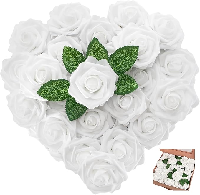 [25PCS] White Roses Artificial Flowers with Stem Real Touch Fake Foam Roses for Decoration DIY Wedding Bouquets Centerpieces Bridal Shower Mothers Day Party Flower Arrangements Home Decor