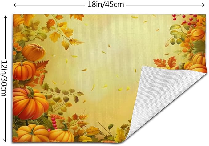 PVC Placemats Set of 6 Wipeable Table Mats Washable Heat Resistant Non Slip Vinyl Dining Table Mat for Kitchen Indoor Outdoor Patio Farmhouse Place Mats Thanksgiving Pumpkin Leaf Decorative