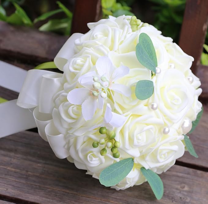 Lightweight Bridal Wedding Bouquet Round Holding Bouquet Throw Toss Artificial Rose Flower Bunch for Bride Bridesmaid Wedding Quinceanera (Cream, 9.1")