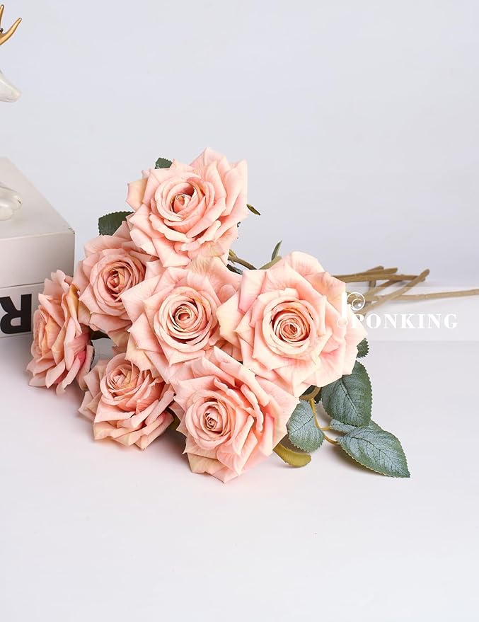 3.1"(8cm) Manta Rose Artificial Flower 7pcs Realistic Faux Silk Roses Fake Flowers Bouquets Arrangements Decor for Wedding Spring Mother's Day, Home Table Decorations, Light Pink Flower