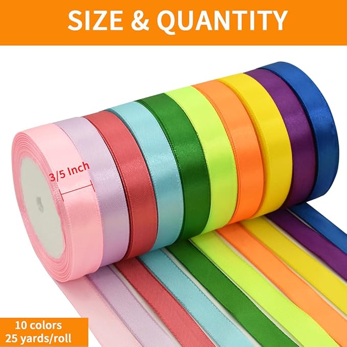 TONIFUL 10 Colors Rainbow Satin Ribbon 3/5 inch x 250 Yards Thin Fabric Solid Ribbon Set for Crafts Bows Gift Wrapping Wedding Party Decoration DIY Handmade Projects