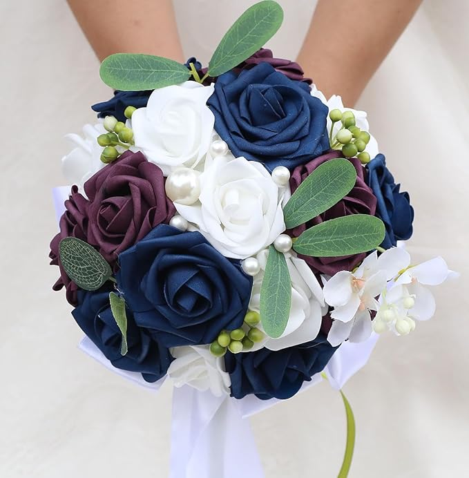 Lightweight Bridal Wedding Bouquet Round Holding Bouquet Throw Toss Artificial Rose Flower Bunch for Bride Bridesmaid Wedding Quinceanera (White, Navy & Dark Puce, 9.1")