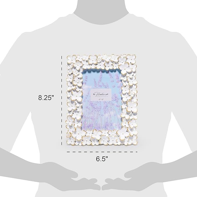 Hodao 4×6 White Floral Picture Frame — Handcrafted Textured Flower Picture Frame with Plastic Photo Cover & Built-In Easel for Tabletop Display, Decorative Home Décor, Nursery & Photo Keepsake