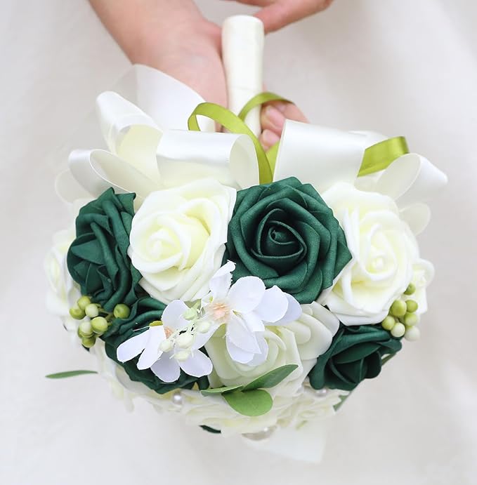 Lightweight Bridal Wedding Bouquet Round Holding Bouquet Throw Toss Artificial Rose Flower Bunch for Bride Bridesmaid Wedding Quinceanera (Cream & Dark Green, 9.1")