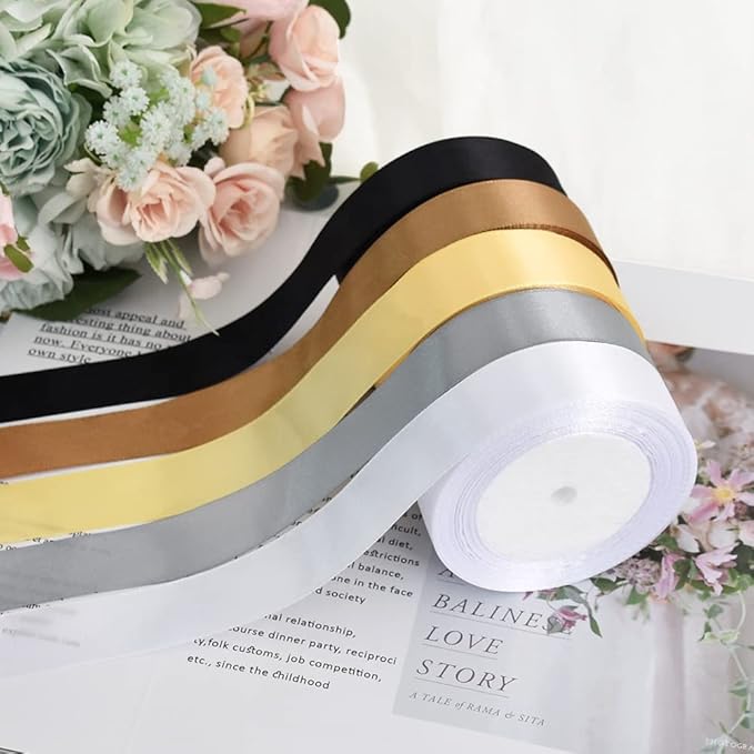 TONIFUL 1 Inch x 125 Yards 5 Colors Satin Ribbon Rolls, Mixed Black and Gold Color Set Fabric Ribbon for Gift Wrapping Embellish Wedding Birthday Party Decoration Bow Making Floral Craft Sewing
