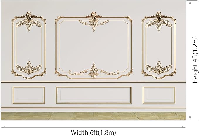 AOFOTO Vintage Room Inside Backdrop Modern French Classic Frame White Walls Gold Embossed Floral Photo Background Wedding Bridal Shower Reception Drama Portrait Photoshoot Backdrop Props 7x5ft