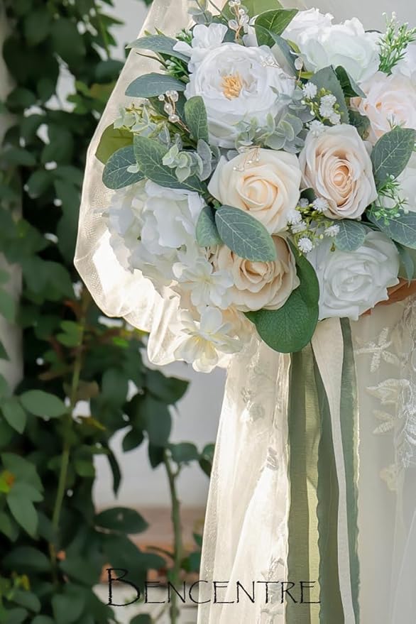 10 Inch White Bridal Bouquet,Wedding Bouquet,Bride Bouquets for Wedding Ceremony Anniversary, Party and French Rustic Vintage Wedding,Artificial Flowers