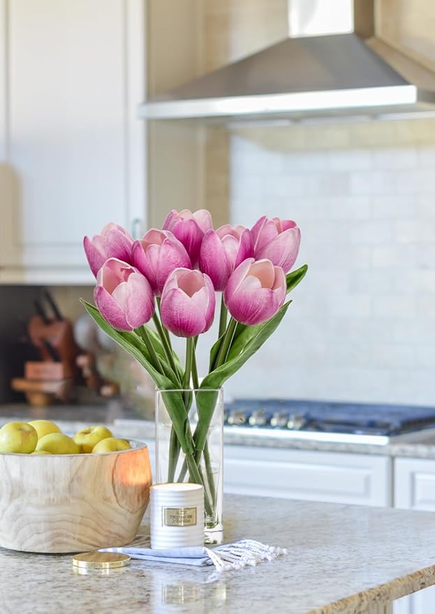 Briful Fake Flowers Artificial Tulip Flower in Clear Vase, Purple Real Touch Foam Tulip Arrangement Suitable for Home Office Decoration, Dining Table Centerpiece