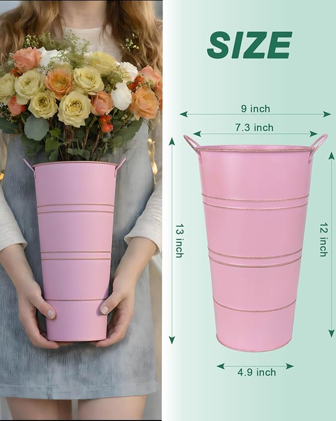 12 Inch Galvanized Metal Vases for Flowers - 6 Pcs Farmhouse Decorative Tall Flower Bucket with Handles, Rustic French Tin Planter Buckets for Wedding Decor (Pink)