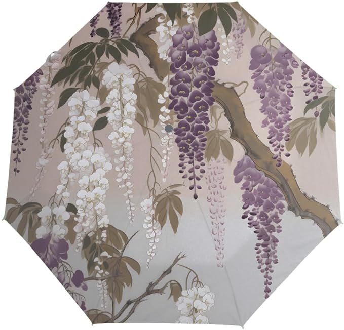 Windproof Travel Umbrella Wisteria Flower Floral Compact Auto Open/Close Folding Umbrellas for Rain