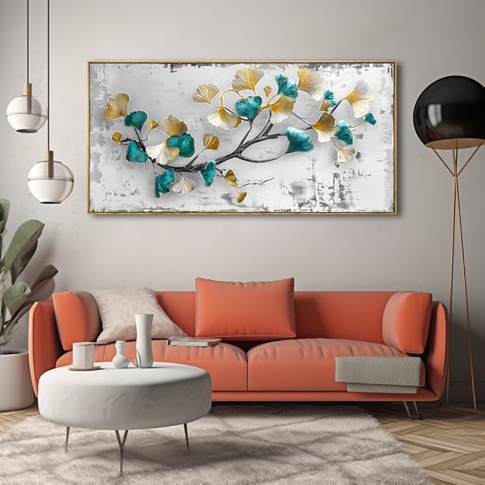 Wall Art Ginkgo Leaf Modern Botanical Artwork Canvas Painting for Living Room Bedroom Dining Room Home Office Decor 24"x48" with Framed