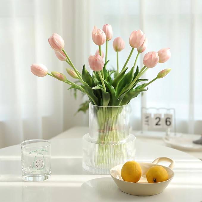 10PCS Pink Fake Tulips Artificial Flowers Real Touch Latex Faux Tulips UV Resistant Fake Flowers Bouquet for Table Home Decor Party Wedding Garden Decoration
