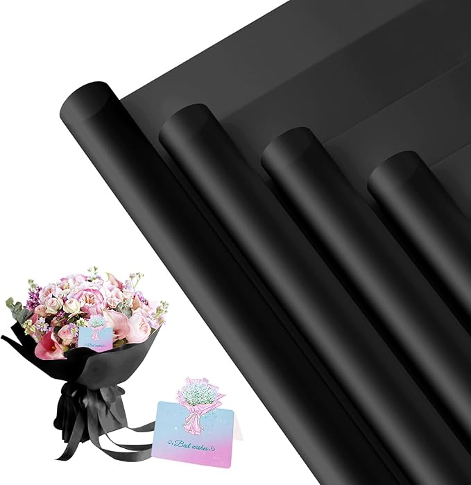 REAXYZNN 20 Sheets Flower Wrapping Paper, Waterproof Floral Wrapping Paper with Cards for DIY Craft, Florist Packaging Supplies for Birthday, Wedding, Mother's Day Gift (Black)