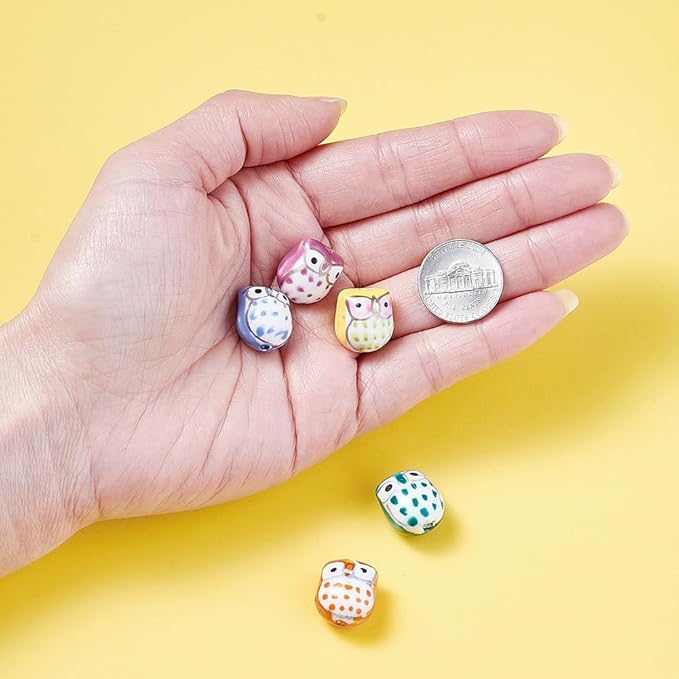 Beadthoven 5pcs Owl Porcelain Beads Lucky Animal Ceramic Beads Colorful Printed Cute Owl Bird Handmade Large Hole Ceramic Loose Spacers for Bracelets Necklace DIY Jewelry Making 17x15mm Hole: 3mm