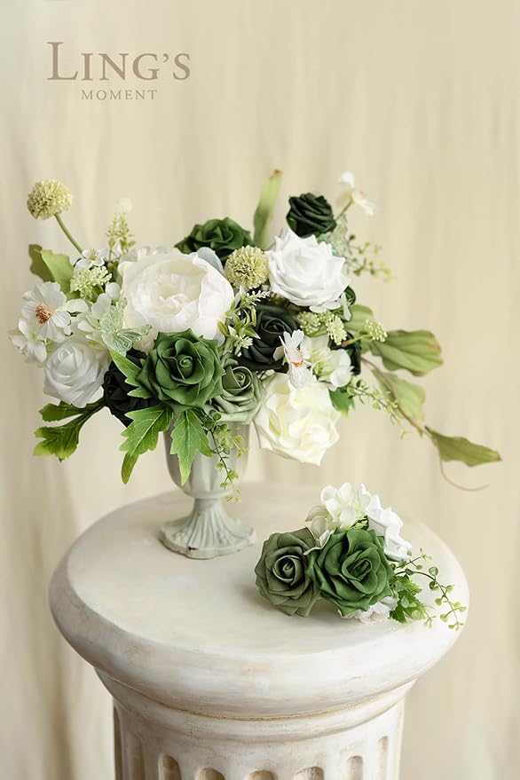 Ling's moment Artificial Flowers, 50Pcs 3" Roses in Emerald Green Shades, Realistic DIY Foam Floral Fill for Wedding Bouquets/Centerpieces, Outdoor Party Backdrops, Room/Table, Garden/Pot Decorations