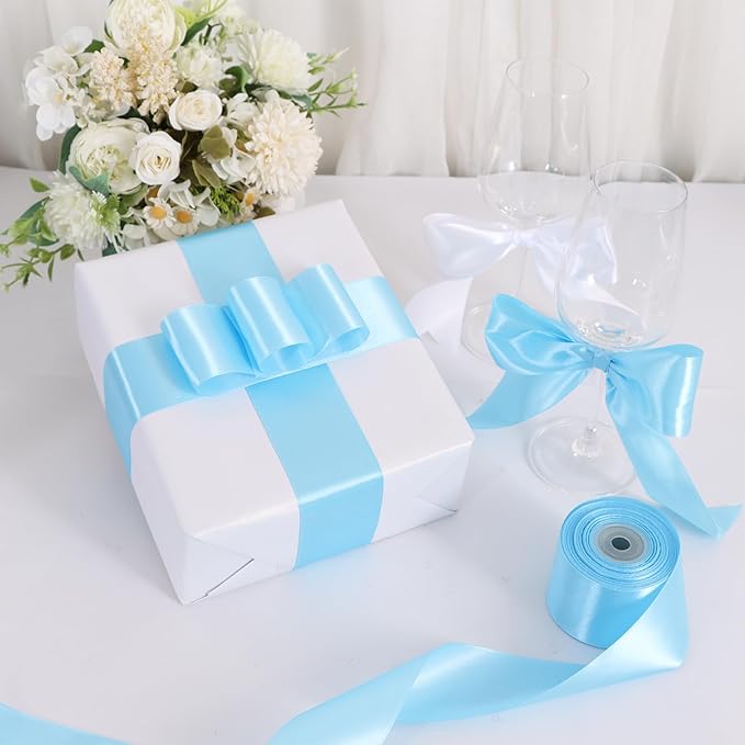 TONIFUL 2 in x 25 Yds Wide Light Baby Blue Satin Ribbon Solid Fabric Ribbons Roll for Crafts Chair Sash Valentine's Day Gift Wrapping Invitation Cards Floral Hair Bows Sewing Party Wedding Decoration