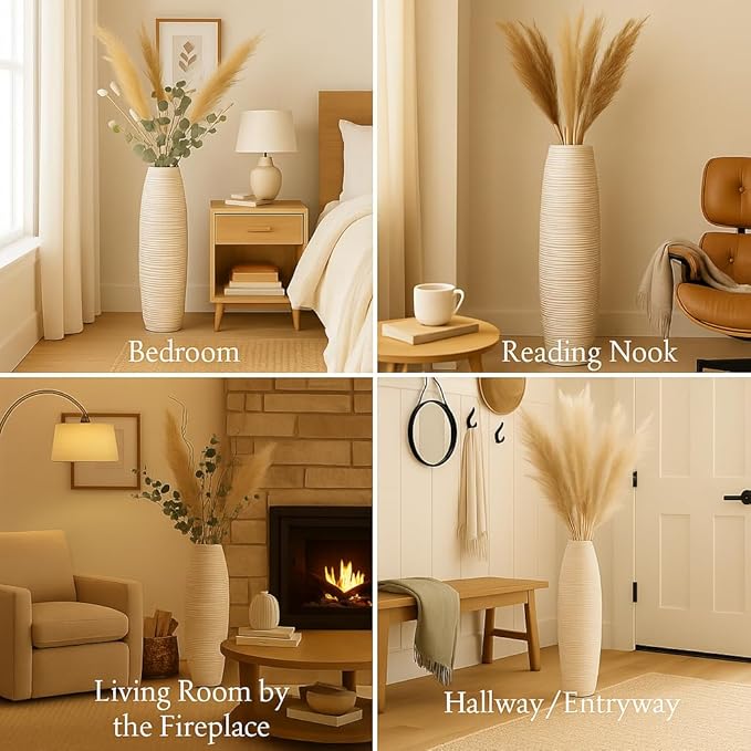 Leewadee Large White Home Decor Floor Vase - Wooden 34 inch Tall Farmhouse Decor Flower Holder for Fake Plant and Pampas Grass