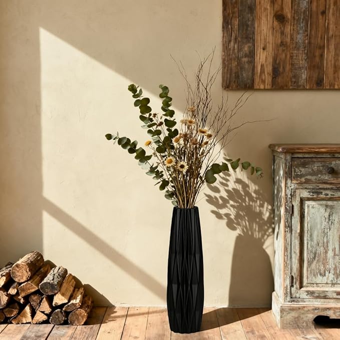 Tall Black Floor Vase – 15.7" Twisted Geometric Ceramic Vase for Modern Home, Living Room, Table Centerpiece or Corner Decoration