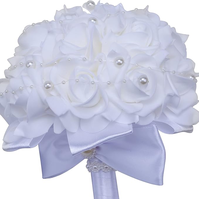 Wedding Bouquets for Brides or Bridesmaids Pearl Embellishment Roses Bridal Bridesmaid Wedding Hand Bouquet Artificial Fake Flowers.(White)