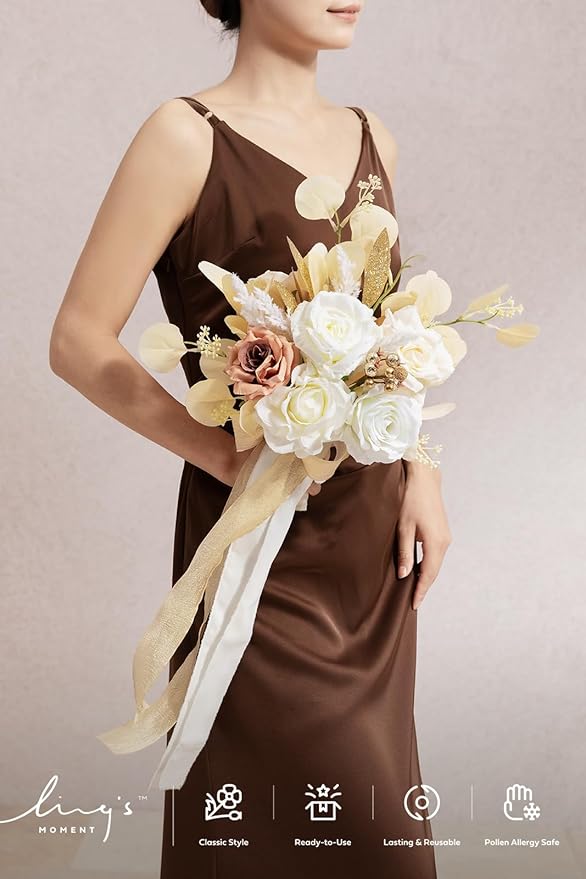 Ling's moment Artificial Flowers Boho Bridesmaid Bouquet Set of 4, White Beige Wedding Flowers Bouquets for Bridesmaids, 7 Inch Bridal Bouquets for Bridesmaids, Wedding, Ceremony, Anniversary, etc