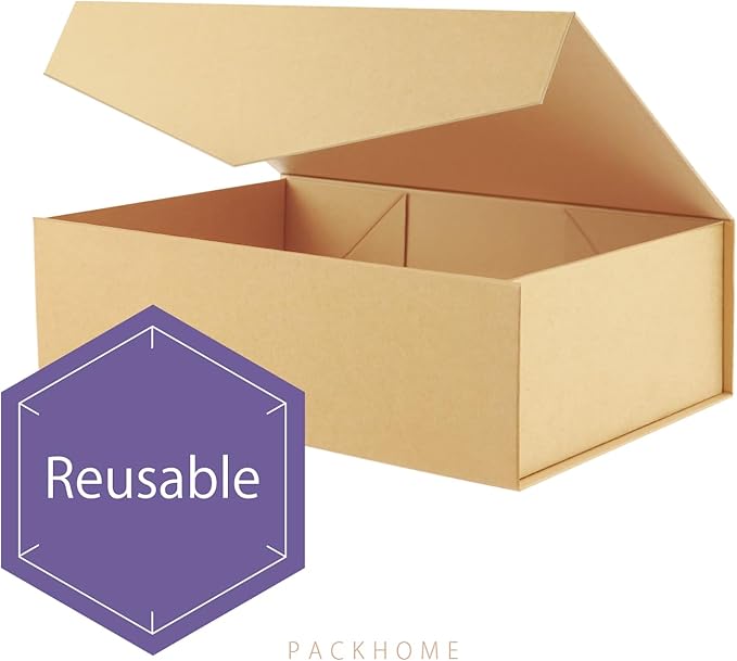 PACKHOME 6 Large Gift Boxes with Lids 13.5x9x4.1 Inches, Sturdy Collapsible Gift Boxes with Magnetic Closure (Kraft)