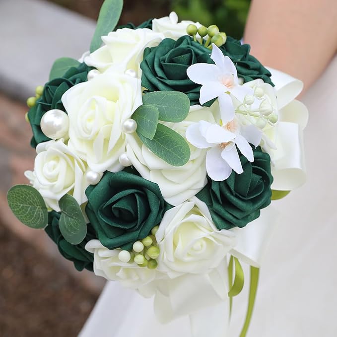 Lightweight Bridal Wedding Bouquet Round Holding Bouquet Throw Toss Artificial Rose Flower Bunch for Bride Bridesmaid Wedding Quinceanera (Cream & Dark Green, 9.1")