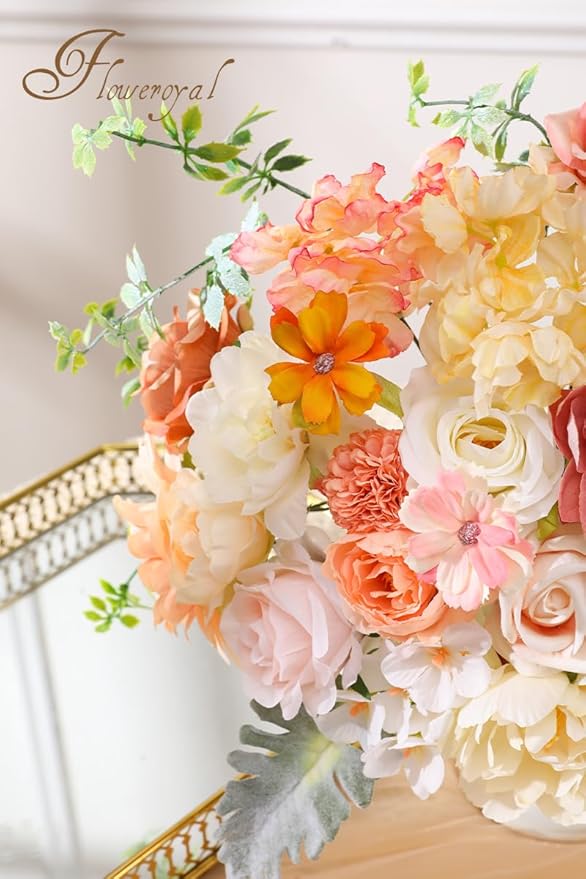 Floweroyal Artificial Flowers Combo Champagne Flowers Mix Silk Flowers Dahlia Roses with Stems for DIY Wedding Bridal Bouquets, Baby Shower, Floral Arrangement, Table Centerpieces, Home Decorations.