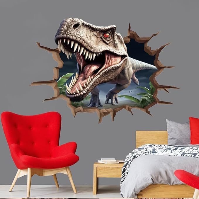 Large Dinosaur Stickers for Wall Dinosaur Room Decor for Boys, Realistic Tyrannosaurus rex, Breaking Through Walls