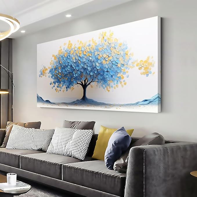 LAVIKARS Modern Tree of Life Wall Art for Living Room Office Navy Blue and Yellow Floral Abstract Landscape Canvas Painting Prints Large Nature Artwork Home Kitchen Bedroom Decor (28x58 Inches)