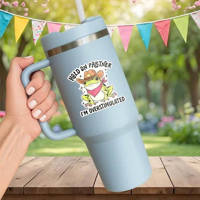 HANDICHI Design 5-Pack 5 Inch Hold On Partner I’m Overstimulated Stickers – Funny Meme Vinyl Decals for Water Bottles, Laptops, Journals, Scrapbooks – Sarcastic Gift for Frog Lovers