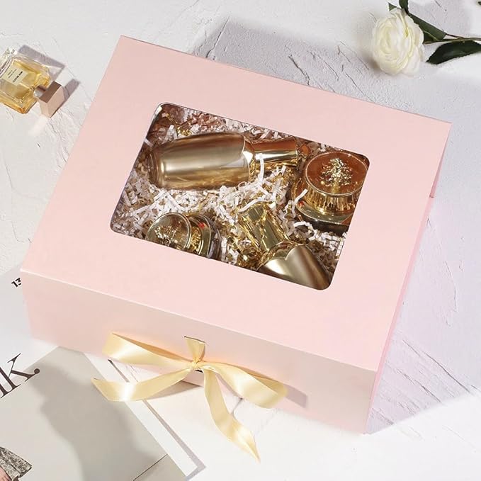 5 Pcs Pink Gift Box for Presents with Ribbon 13.2x11x5.3 Inches Clear Gift Box with Window Magnetic Closure Gift Boxes with Lids