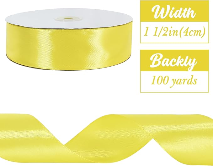 TONIFUL 1-1/2 Inch (40mm) x 100 Yards Lemon Light Yellow Wide Satin Ribbon Solid Fabric Ribbon for Gift Wrapping Chair Sash Valentine's Day Wedding Birthday Party Decoration Hair Floral Craft Sewing