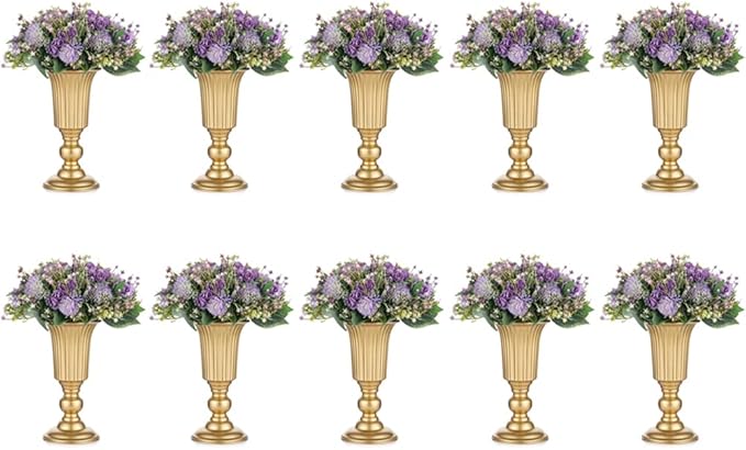 Nuptio Pcs of 10 Flowered Metal Trumpet Vase Elegant Wedding Centerpieces Vase for Party Decoration, 23.2cm/9.13" Tall Artificial Flower Arrangements for Anniversary Ceremony