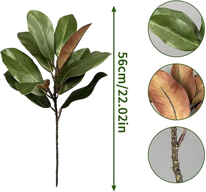 4 Artificial Magnolia Leaf Stems, Real Touch Fake Green Branches for Flower Arrangement, Centerpiece for Indoor and Outdoor Home Dining Tables, Wedding and Party Decorations(Green)