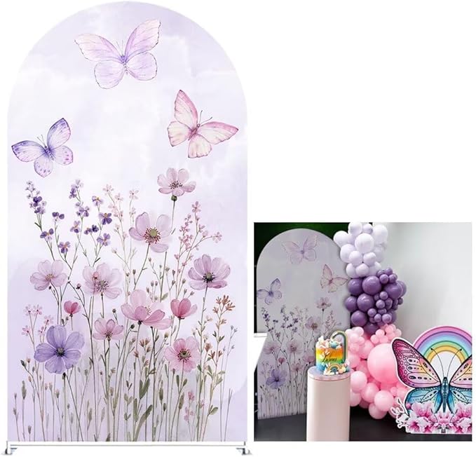 KONPON Butterfly Arched Backdrop Cover Spring Pink Purple Flowers Stretchy Arched Stand Cover for Girls Birthday Party Decorations (No Stand!)