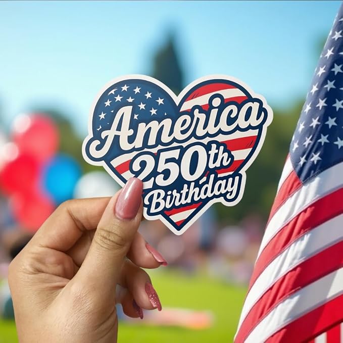 HANDICHI Design 5-Pack 4 Inch America 250th Birthday Stickers – Patriotic Heart-Shaped USA Flag Vinyl Decals – Waterproof 1776–2026 Independence Day Stickers for USA 250th Anniversary Celebration