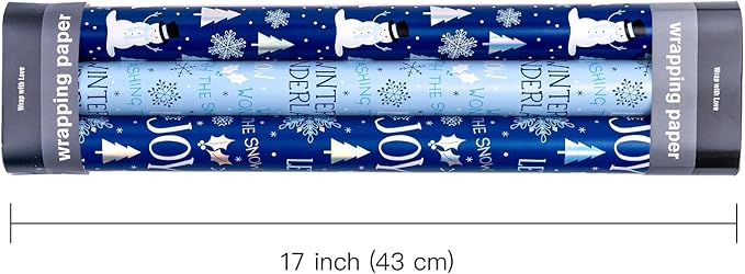 WRAPAHOLIC Christmas Wrapping Paper Roll - Mini Roll - 3 Rolls - 17 Inch x 120 Inch Per Roll - Blue and White Winter Wondland, Snowflake, Snowman Holiday Collection with Metallic Foil Shine