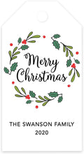 Andaz Press Personalized Christmas Holiday Season Classic Gift Tags, Merry Christmas Custom Family Name and Year, Christmas Holly Wreath Design, for Holiday Events, Parties, and Favors, 60-Pack