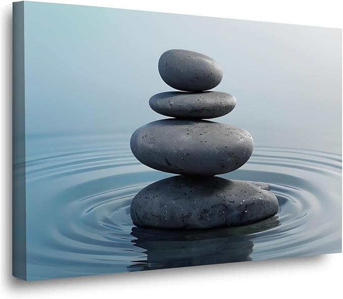 Zen wall art Harmonious grey stones stacked on a calm surface of water Serene Zen decor suitable for tranquil homes and spaces of meditation 16x24in Wood Framed