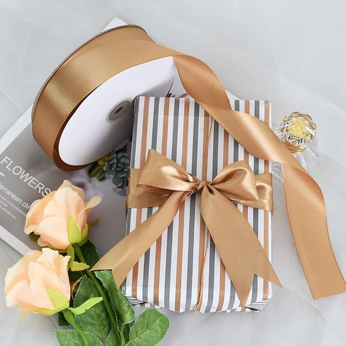 TONIFUL 1-1/2 Inch (40mm) x 100 Yard Dark Gold Wide Satin Ribbon Solid Fabric Ribbon for Gift Wrapping Chair Sash Valentine's Day Wedding Birthday Party Decoration Hair Floral Craft Sewing