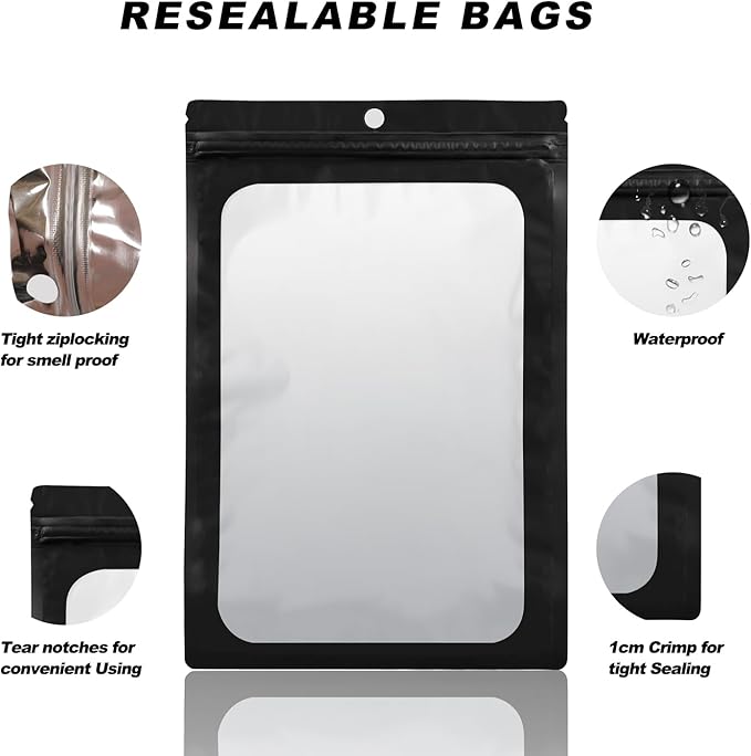 400 Pack 4 Size Bags with Clear Window,Scratch Resistant Hand Holographic Packaging Pouch,Resealable Bag for Small Bussiness Cookies Jewelry Candy Sample (Black, 2.4×3.9,3x4.7,4×7,5.5×7.9 inch)