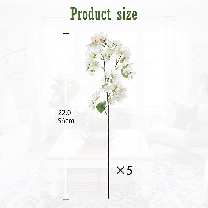 DILATATA Artificial Cherry Blossom Flowers 5 Pcs Silk Cherry Blossom Stems 22 Inch Long Stems Faux Silk Peach Flowers for Tall Vase Spring Decor Wedding Party Home Table Arrangement - White