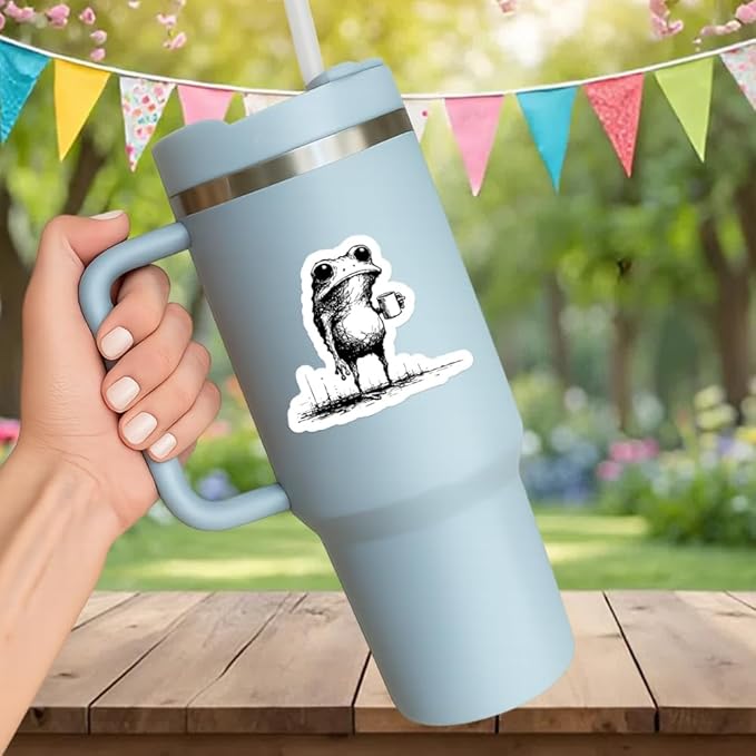 HANDICHI Design 5-Pack 3 Inch Funny Coffee Frog Stickers – Grunge Meme Vinyl Decals – Tired Frog Holding Coffee Cup Aesthetic Sticker Pack for Laptops, Water Bottles, Journals, and Scrapbooks
