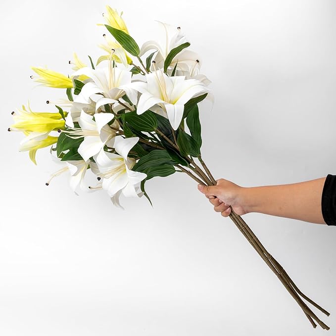 2PCS 37.7Inch White Artificial Lily Flowers With 10 Heads Lilies Faux Flowers for Floor Vase Wedding Home Party Indoor Table Hotel Office Vases Floral Arrangements Outdoor Party Garden Decor(White)