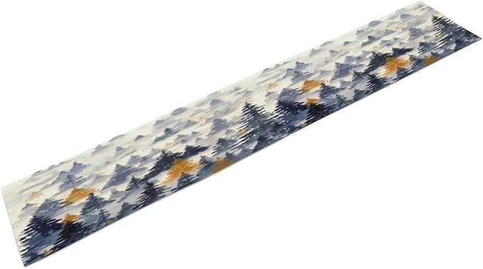 Watercolor Blue Pine Trees Table Runner, Forest Woodland Tabletop Scarf Home Kitchen Holiday Decor, Seasonal Farmhouse Rustic Dining Decorations Party Supply 13 X 120 Inch