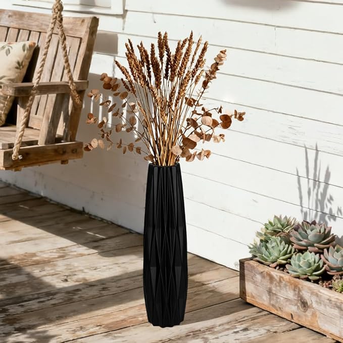 Tall Black Floor Vase – 15.7" Twisted Geometric Ceramic Vase for Modern Home, Living Room, Table Centerpiece or Corner Decoration